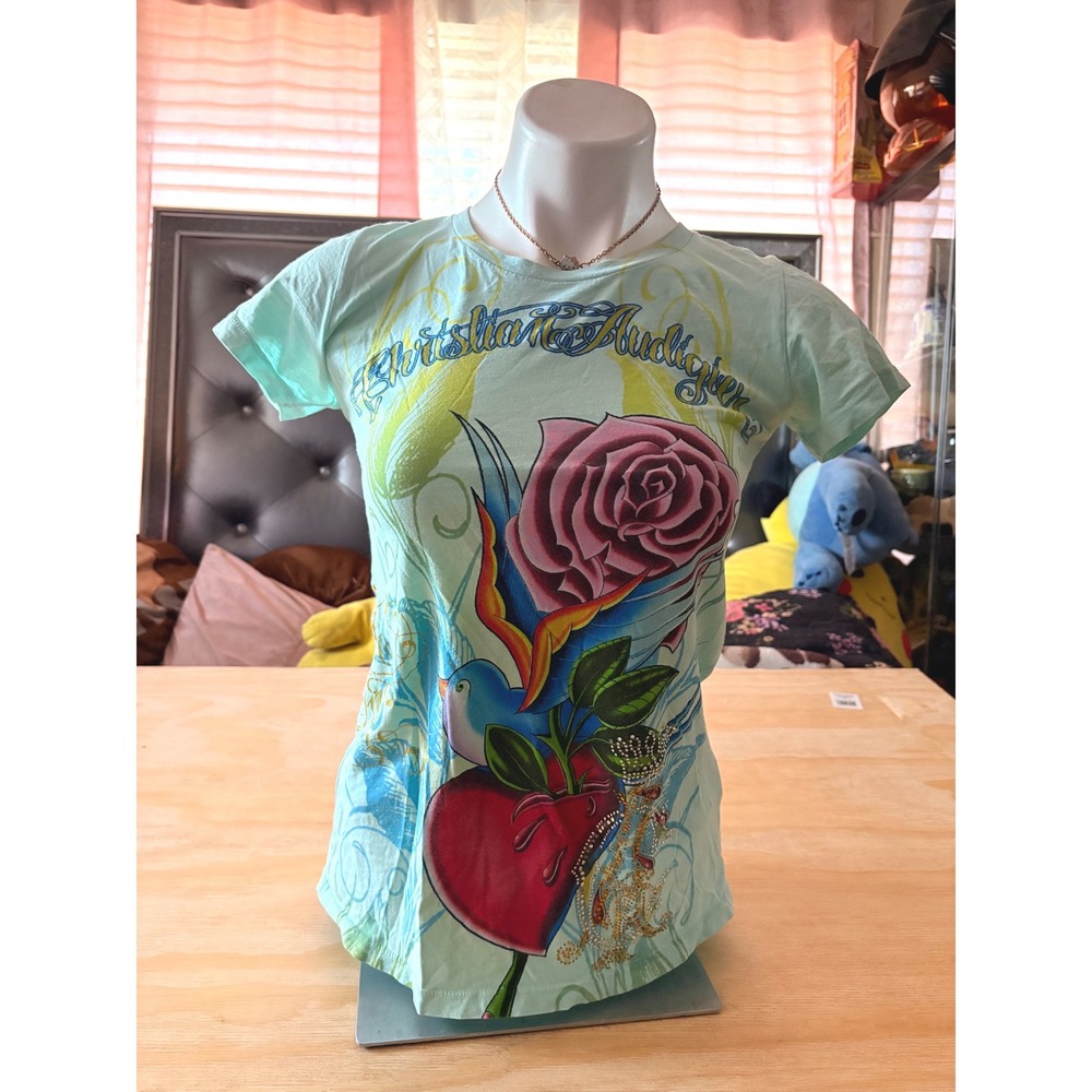 Y2K Vintage Christian Audigier Womens Tee Tattoo Rose Heart Rhinestone S